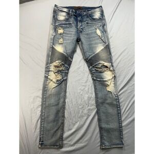 KDNK Mens Distressed Biker Moto Jeans Size 32x32 Light Wash Blue Denim Y2K